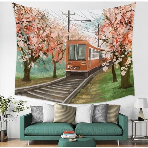 Train Cherry Blossom Watercolor Wall Tapestry Cover Beach Towel Picnic Yoga Mat Home Decoration