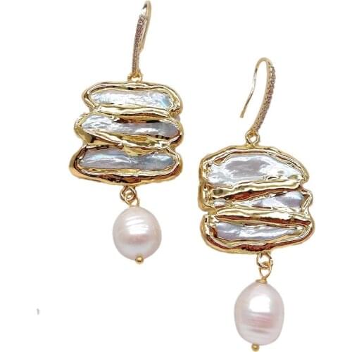 YYGEM Cultured White Rice Pearl White Biwa Pearl Dangle CZ Pave Hook Earrings