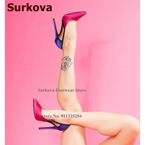 Surkova Fuchsia Blue Color Patchwork Satin High Heels 12cm Cut-out Embellished Wedding Shoes Slip-on Pointy Toe Dress Pumps