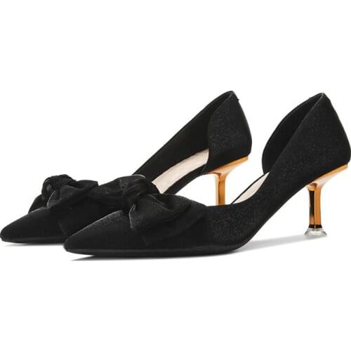 Red High Heels Female Spring Satin Red Shoes Pointed Stiletto Bow Shallow Single Shoes Dating Banquet Shopping Non-slip