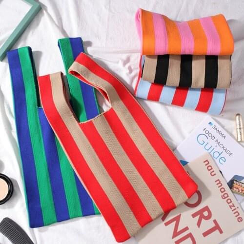 Large Capacity Woolen Knitting Stripe Tote Casual Color Contrast Handbag Ladies Shoulder Wrist Bag Female Shopping Bag
