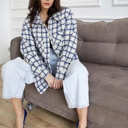 XEASY Women Casual Tweed Bule Plaid Simple Wild Loose Lapel Single-Breasted Jacket Female Fashion Long-Sleeved Female Chic Top