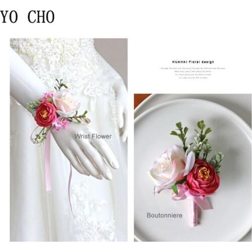 YO CHO Boutonniere Flowers Wedding Corsage Pins White Pink Groom Boutonniere Buttonhole Men Wedding Witness Marriage Accessories