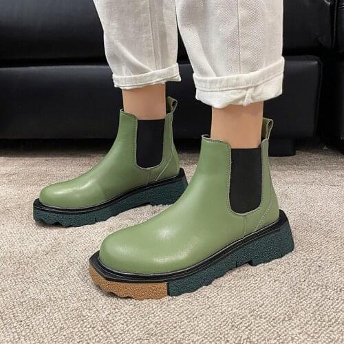 2021 Concise Fashion Women Ankle Boots Autumn Winter Platforms Outdoor Casual Black Green Shoes Woman Thick Heels