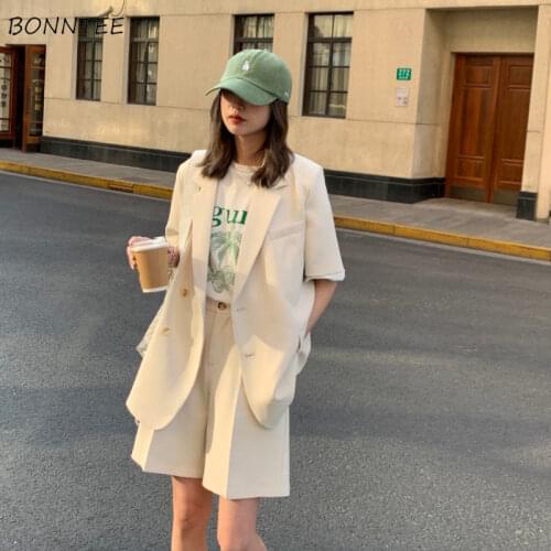 Shorts Sets Women Summer Simple Notched Short Sleeve Street Office Trendy Korean Style High Waist Baggy Cozy Female Two Piece