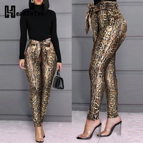 Snakeskin Print High Waist Bow Tied Casual Pants Women Skinny Pencil Pants