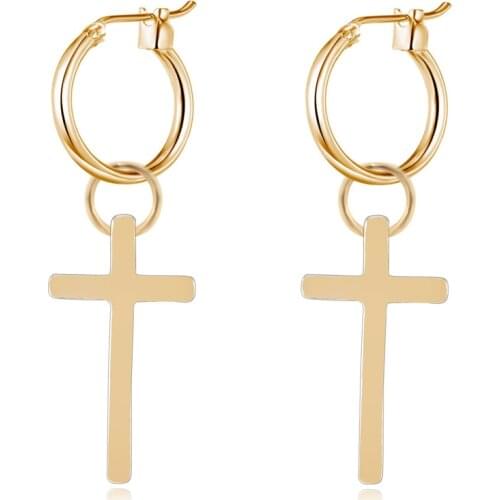 GEOMEE 1Pair Gold Color Cross Shape Pandent Hoop Earring for Women Simple Style Vintage Fashion Jewelry Accessories Pendiente