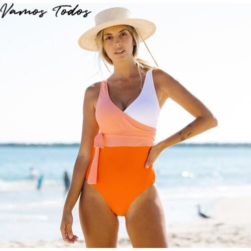 Vamos Todos 2021 Summer Color Matching One Piece Swimsuit Women Side Bowknot Elegant Vintage Swimming Bathing Suit For Women