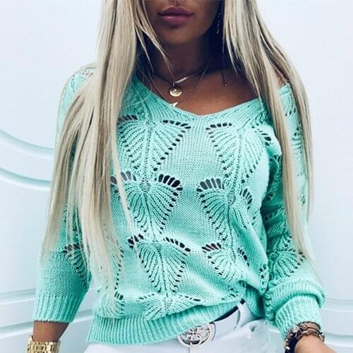Knit Crochet Hollow Out V-Neck Womens Sweater Long Sleeve Thin Solid Female Pullovers 2021 New Fashion Casual Ladies Sweaters