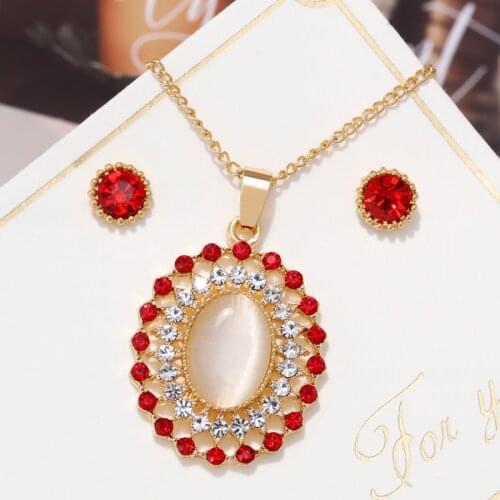 Bridal Jewelry Sets for Women New Design Gold Color Long Chain Opal Necklaces & Pendants Oval Opal Earrings Crystal Jewelry Set