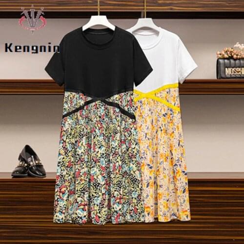 2021 Summer Dress Plus Size 4XL Loose Lady Vestidos Cotton Patchwork Pleated Dresses Print Floral Black White Robe Dress KE1508