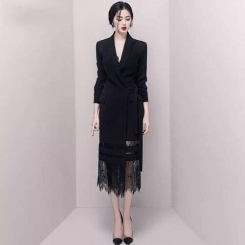 Sexy Party Long Lace Straight Dress Black Notched Long Sleeve Womens Dress Elegant Vintage Office Ladies Spring Suit Dresses