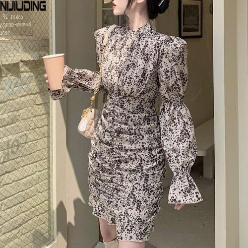 French Retro Pleated Stand Collar Women Chiffon Dress 2021 Long Sleeve Floarl Printed Woman Mini Dress Mujer Vestdos Fashion
