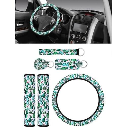 6PCS Cactus Pattern Steering Wheel Cover Key Ring Seat Belt Shoulder Guard Women Car Interior Accessories Decoration Set