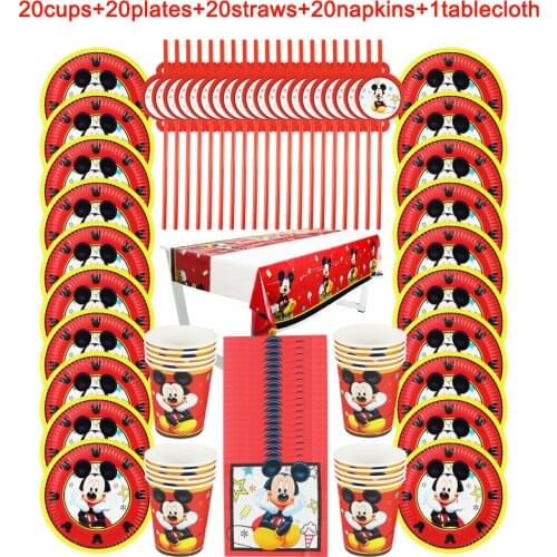 81Pcs Red Mickey Mouse Disposable Tableware Design Kids Birthday Party Paper Plate+Cup+Napkin+ Straw+Tablecloth Party Supplies