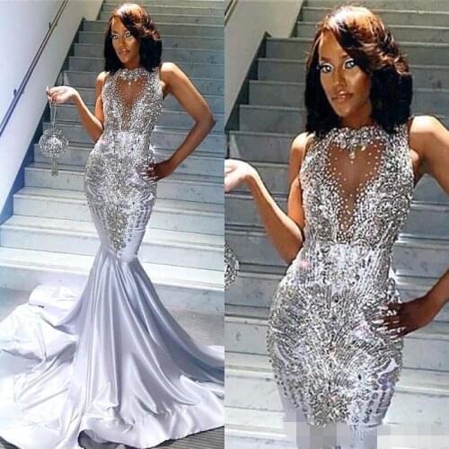 Sparkly Mermaid Evening Dresses Sheer Neck Sleeveless Silver Beaded Sequins Prom Gowns Custom Made Sweep Train Special Occasion