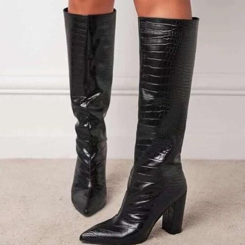 Animal Print Black Womens Knee High Boots Shoes High Heel Pointy Toe Winter Boots Casual Office Boots Chunky Heel