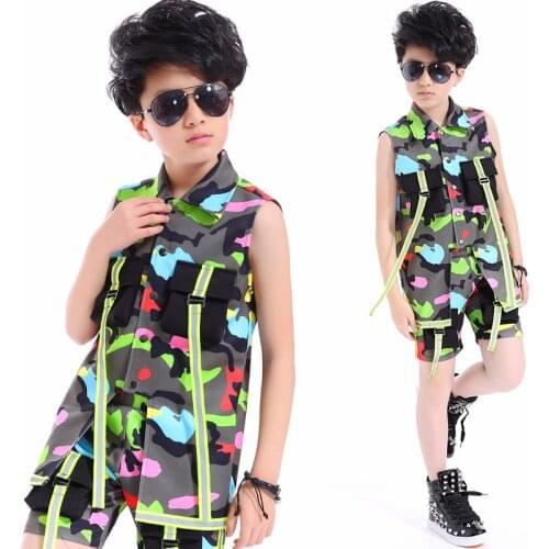 ChildrenS Jazz Dance Suit Stage Performance Wear Boys Camouflage Short Sleeve Sports Set Kids Hip Hop Street Dancewear DL3965