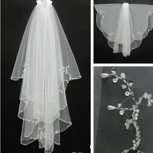 Ivory Bridal Veils Beaded Edge Wedding Veils Cheap 2018 With Comb Two Layer Tulle Bridal Veil Wedding Accessories