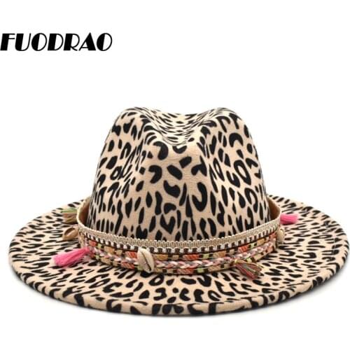 FUODRAO New Fashion Women Fedoras Hat Leopard Print Wide Brim Jazz Hats Unisex Wool Vintage Gentleman Elegant Outdoor Travel F46