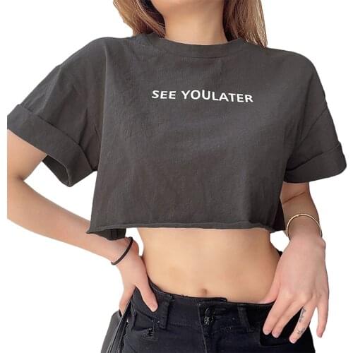 Summer Girls Round Collar T-shirt, Ladies Leisure Style Letter Printing Short Sleeve Midriff-baring Top Loose Base Shirt