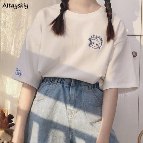 T-shirt Women Embroidery Half Sleeve Cartoon Simple Student Japanese Style Kawaii Design Leisure Basic Tops Fashion Female Ins