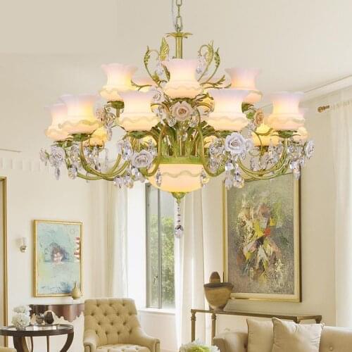 European Garden Crystal Chandelier Warm And Romantic Iron Living Room Crystal Lamp Rose Grass LED Lights Bedroom Light