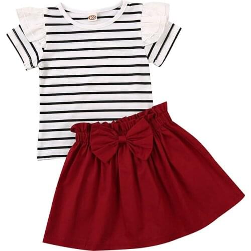 Newborn Infant Baby Girls Clothes Set Spring Autumn Toddler Girls Striped Ruffles Shoulder Tops + Bow Skirts Kids Clothing Sets