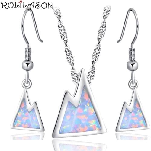 ROLILASON the hill Jewelry Set for Women Brand White Fire Opal Silver Stamped 925 Earrings Pendant with chain OS028