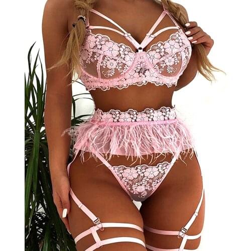 4 Pieces Set Sensual Lingerie Sexy Bra Womens Underwear Lace Sexy Feather Tassel Embroider See-Through Erotic Underwear