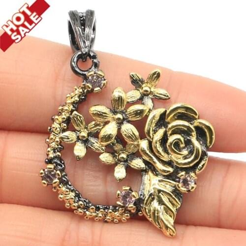 49x35mm Sublime Antique Rose Shape Created Pink Kunzite Party Womans Black Gold Silver Pendant