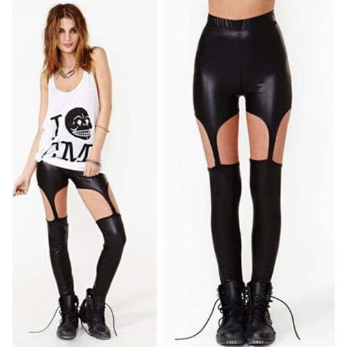 Womens Leggings Spandex Party 4 Color Imitation Leather Stitching Sexy Comfortable Mid Waist