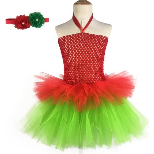 Cute Baby Girls Red Green Tutu Dress Kids Crochet Layers Dress with Flower Hairbow Children Christmas Party Costume Dress Cloth
