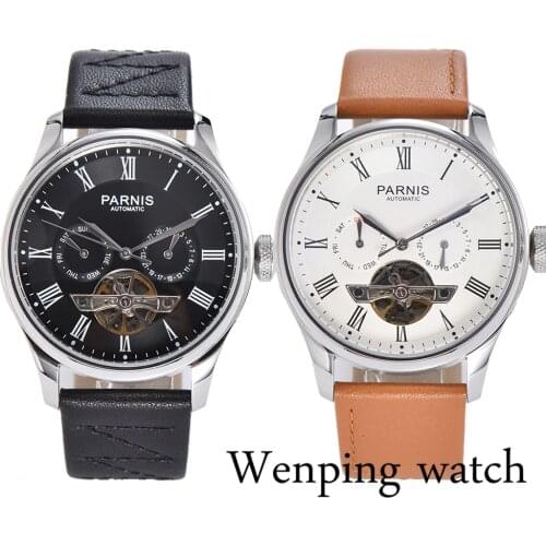 Parnis 43mm multifunction automatic mens watches silver case date week Seagull 2502 movement mens top mechanical watch