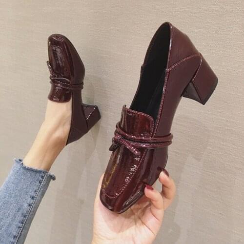 Office Ladies Wine Red Patent Leather Oxford Mules Shoes Retro Designer Square Toe Pumps Women Fashion Party High Heels 2021 New