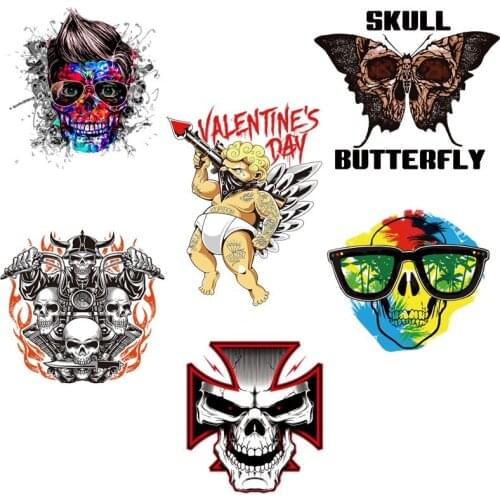 Skull Patches Iron On Transfers For Clothing Motorcycle Thermo Stickers Patches For Clothes Butterfly Punk Heat Transfers Access