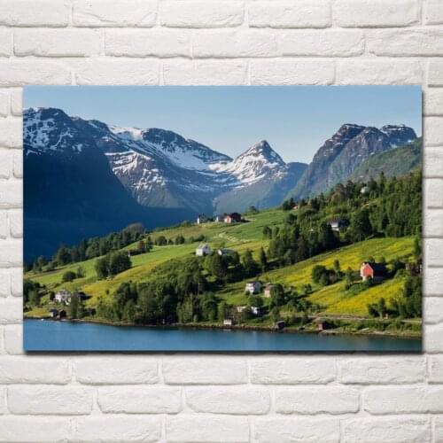 Norway Mountains Coast Houses Grasslands Olden Nature Scenery KD082 living room home wall art decor wood frame fabric posters