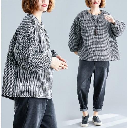 2021 Autumn Winter Fashion Plaid Pullover Parkas Women Loose Long Lantern Sleeve Casual Cotton-Padded Coats Warm Tops casaco