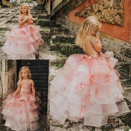 3D Floral Flower Girls Dresses Lovely Tiered Sweep Length Custom Made Girls Pageant Dress Kids Birthday Gowns