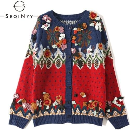 SEQINYY Red Jakcet 2020 Autumn Winter New Fashion Design Women 3D Flowers Printed Knitting Casual Sweater