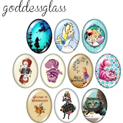 Disney Princess Alice Cheshire cat 10pcs 13x18mm/18x25mm/30x40mm Oval photo glass cabochon flat back bracelets Making findings