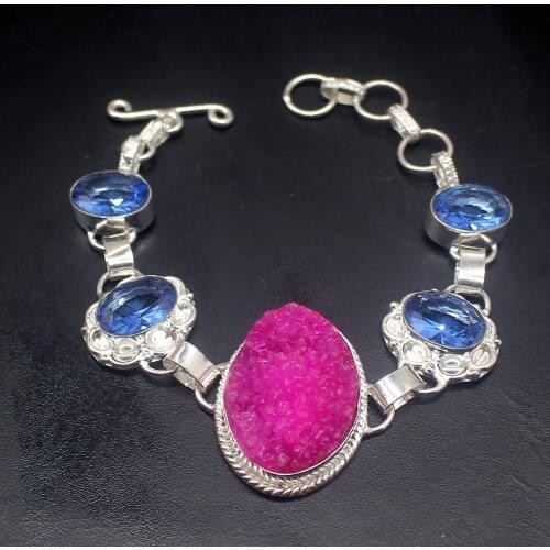 Natural Unique Druzy Shiny BlueTopaz Silver Color Charms Links Bracelets For Women 7.75 Inch HD755