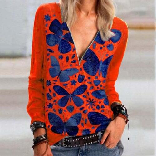 Butterfly Printing Womens T-shirts Casual Zipper V-neck Long-sleeved T-shirt Top Майка Женская Camisetas De Mujer Blusas