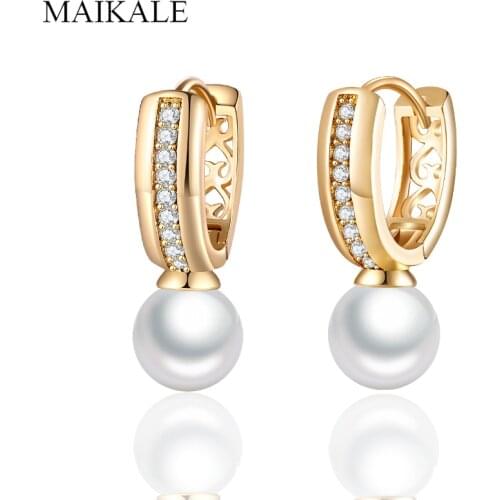 MAIKALE New Fashion Gold Round Cubic Zirconia Earrings with Big Pearl Stud Earrings for Women Jewelry Delicate Gifts