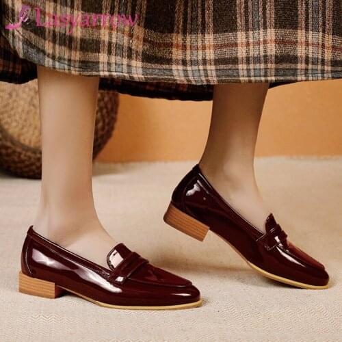 Lasyarrow Chic Patent Shiny PU Leather Round Toe Womens Dress Derby Shoes Burgundy Black Woman Loafers Flats Big Size 47 48