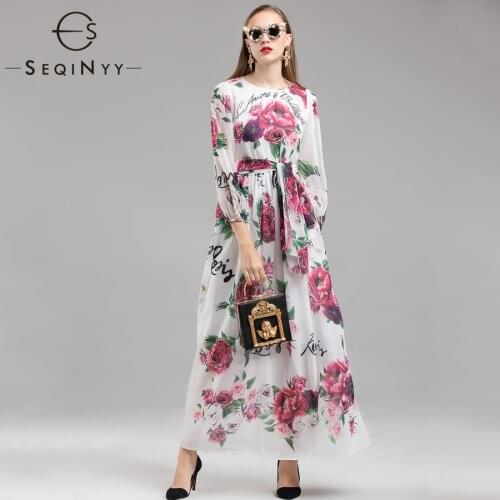 SEQINYY High Street Dresses 2018 Early Autumn Womans New Fashion Printed Rose Flowers Wrist Sleeve Sashes Ankle-Length Dresses