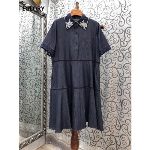High Quality Denim Dress 2020 Autumn Style Women Turn-down Collar Hollow Out Embroidery Short Sleeve Casual Loose Jeans Dress