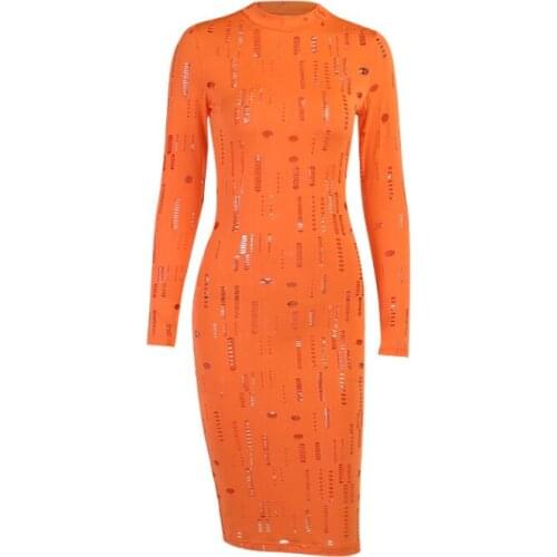 Women Fall Long Sleeve Hollow Out Solid Color Bodycon Midi Dress2021 Female Clothes Streetwear Club Sexy Black Orange Dresses