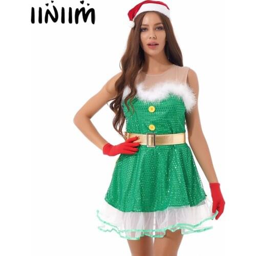 Women Princess Christmas Dress Cosplay Costume Role Play Outfits Sleeveless Green Dresses with Petticoat Bowknot Belt Hat Gloves