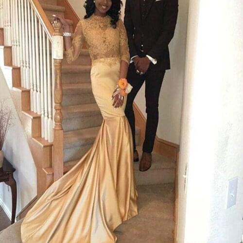 2020 Modern African Gold Cheap Prom Bridesmaid Dresses See Through Top Sheer Neck Lace Sleeves Evening Dress Real Photo Cheap